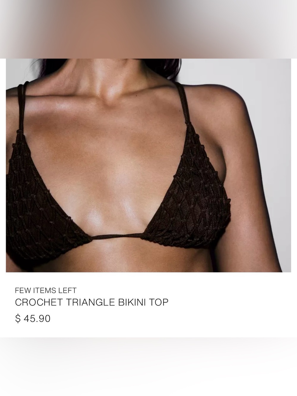 Zara Textured Knot Bikini Top Brown XS NWT Adjustable Triangle